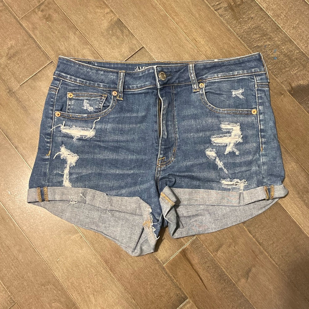 AE distressed high rise shortie denim shorts